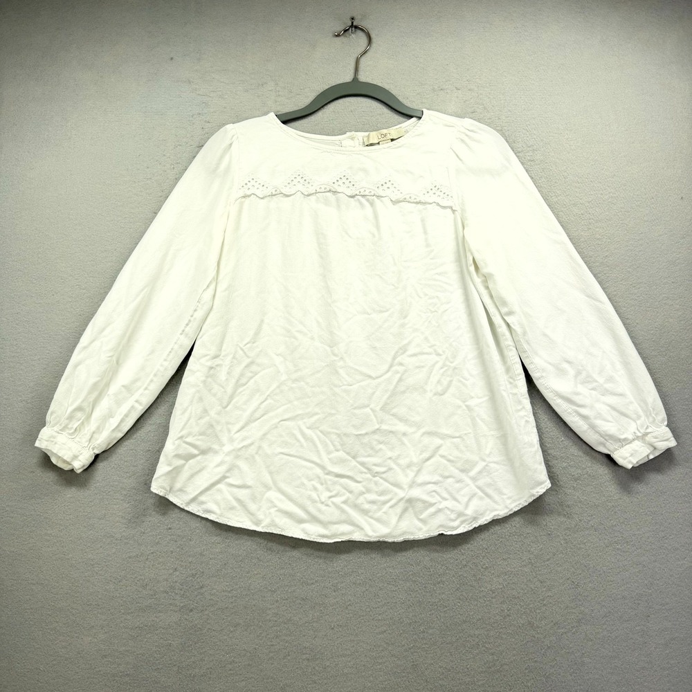 LOFT Blouse Top Womens SM White Eyelet Lace Trim Viscose Keyhole Back Round Neck